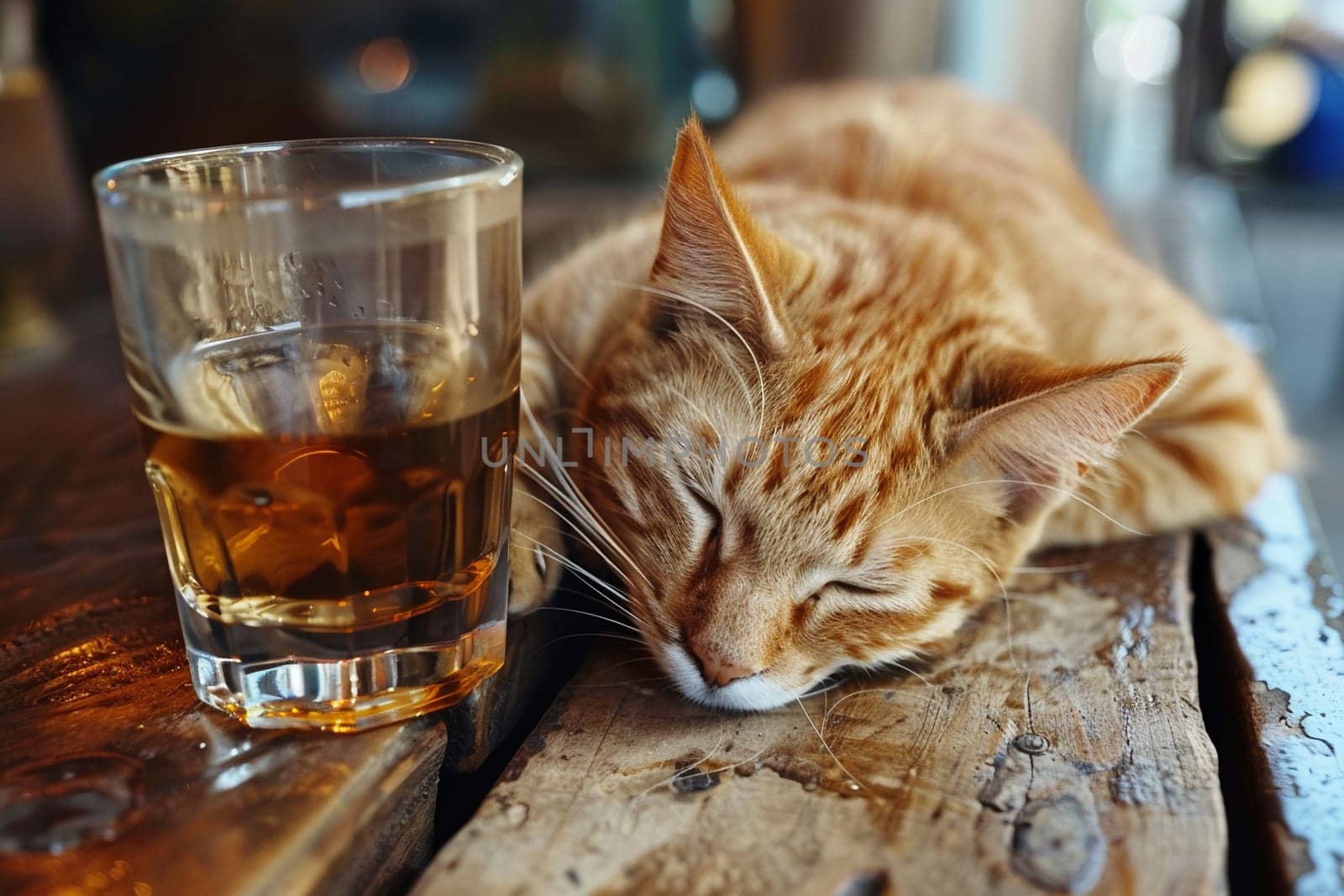 Sleeping orange tabby cat curled up whiskey glass wooden table. Cozy home pet relaxing napping by Yevhen89