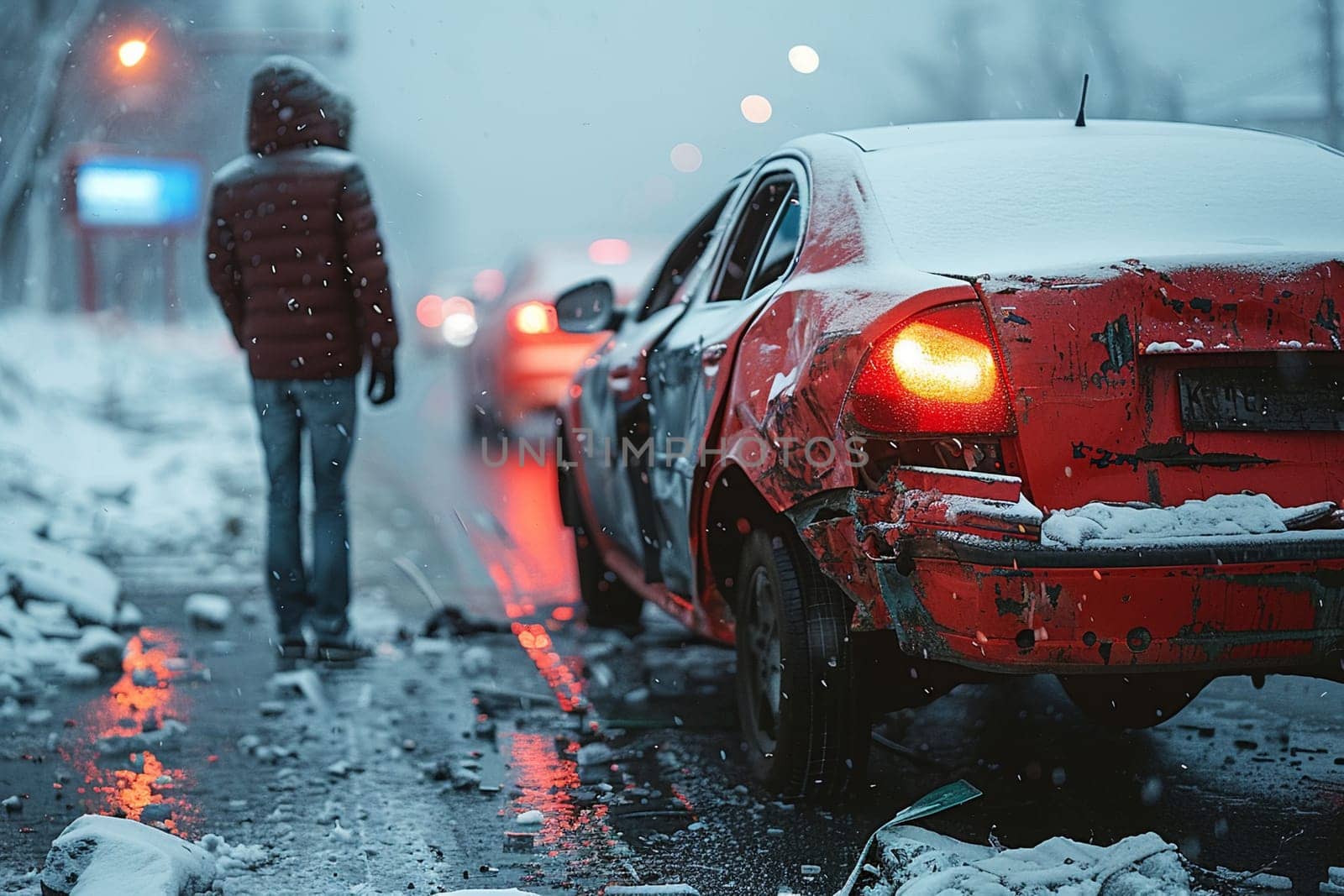 Winter evening captures red car rear damage due to accident, man walks away distressed, snowfall adds to cold, gloomy atmosphere