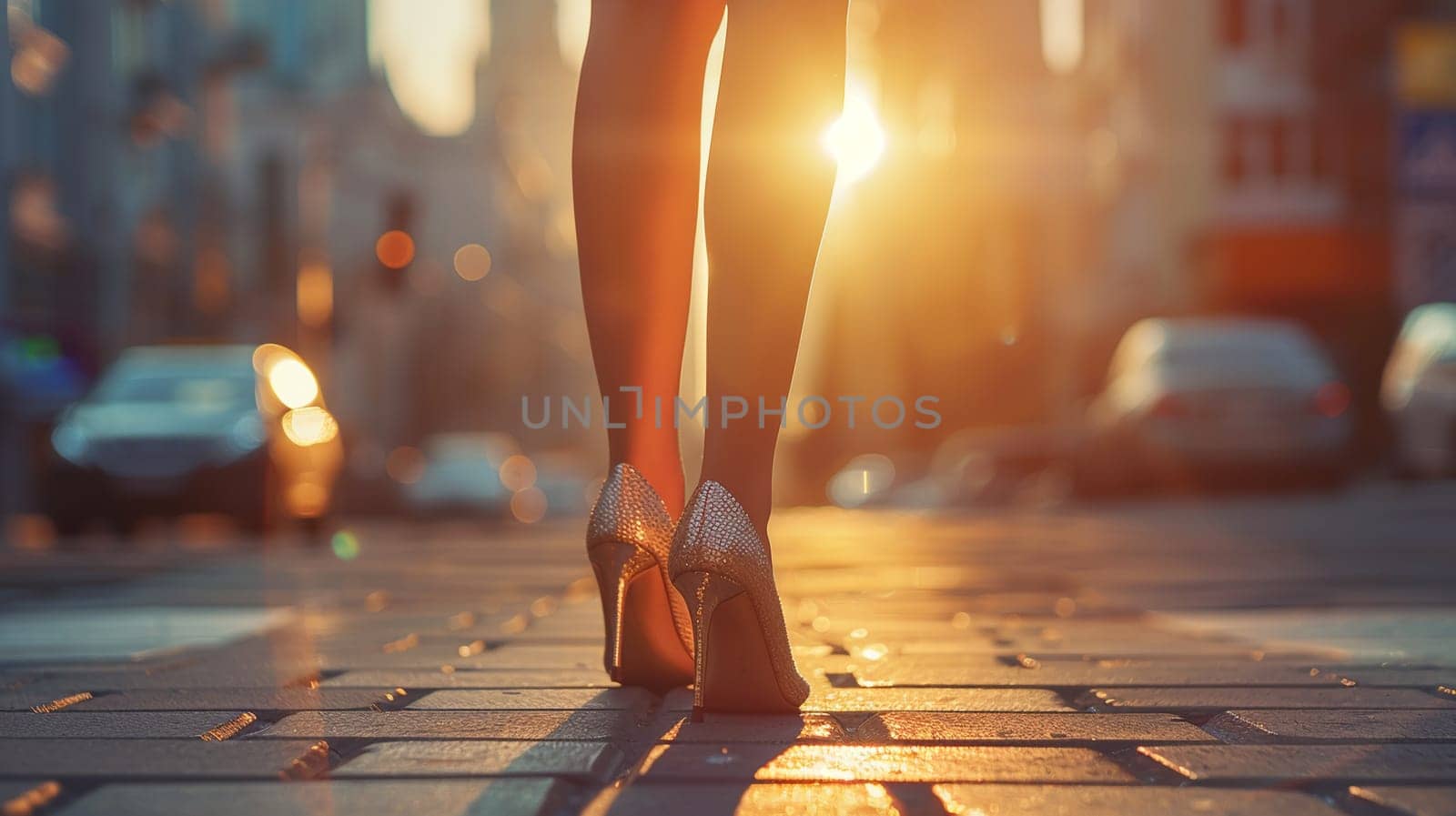 Close-up view fashionable high heels worn confident woman. Backdrop city streets sunset light creates perfect glamour scene.
