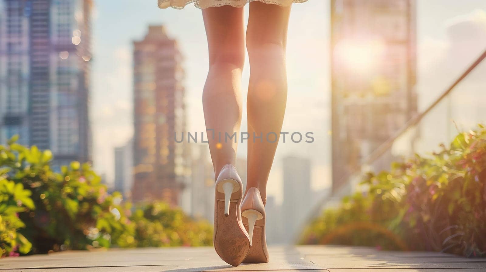 Close-up view of stylish woman's legs in high heels, walking along urban street. Sunlight flares background modern buildings.