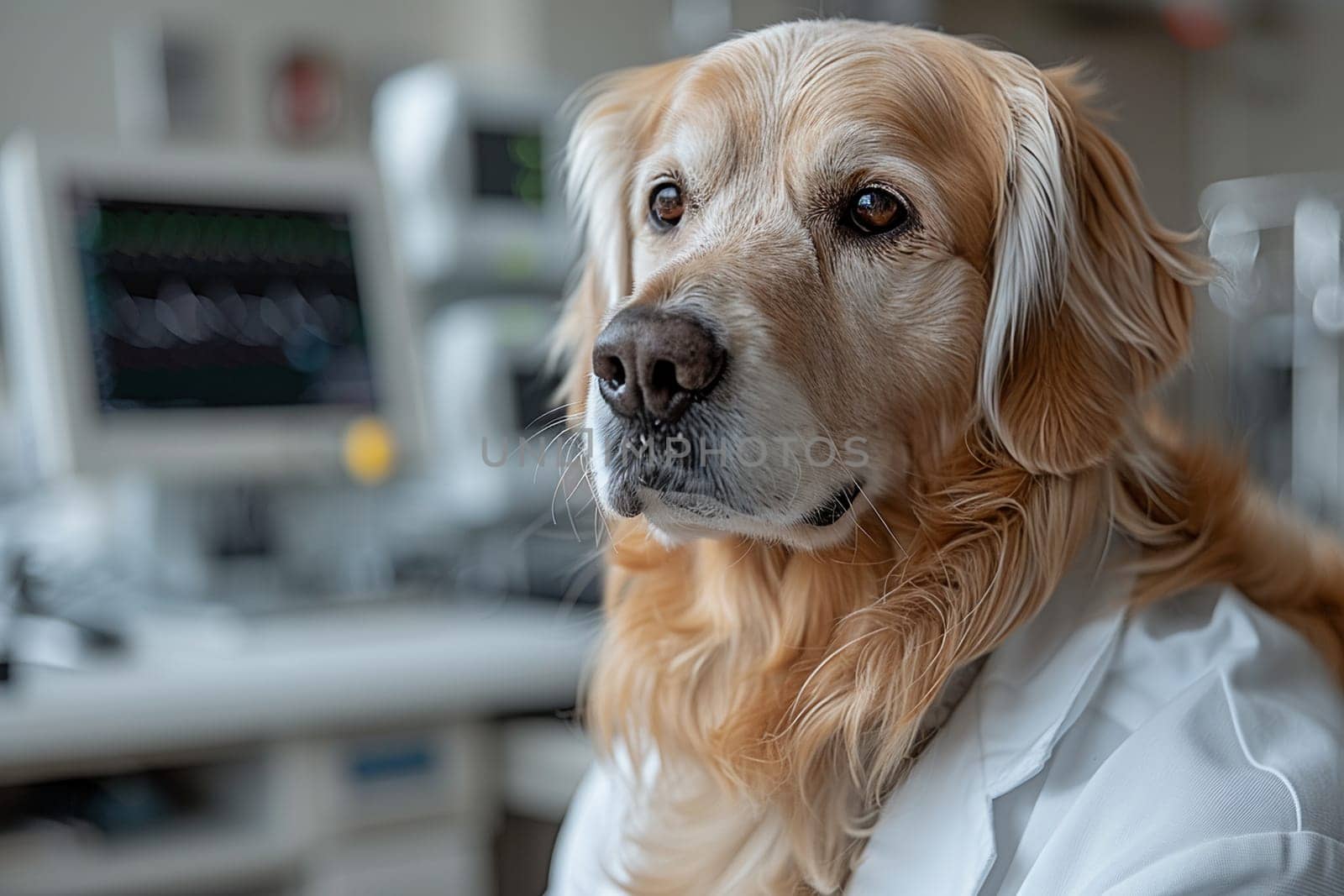 Golden retriever dressed doctor white coat, humorous pet healthcare concept. Veterinary care by Yevhen89