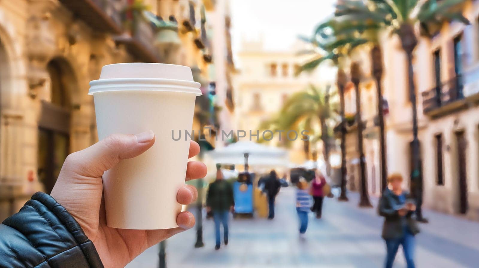 Close-up of hand holding a blank takeaway coffee cup. City life moment captured, perfect for brand mockups, vibrant blurred street scene. Coffee on the go concept.