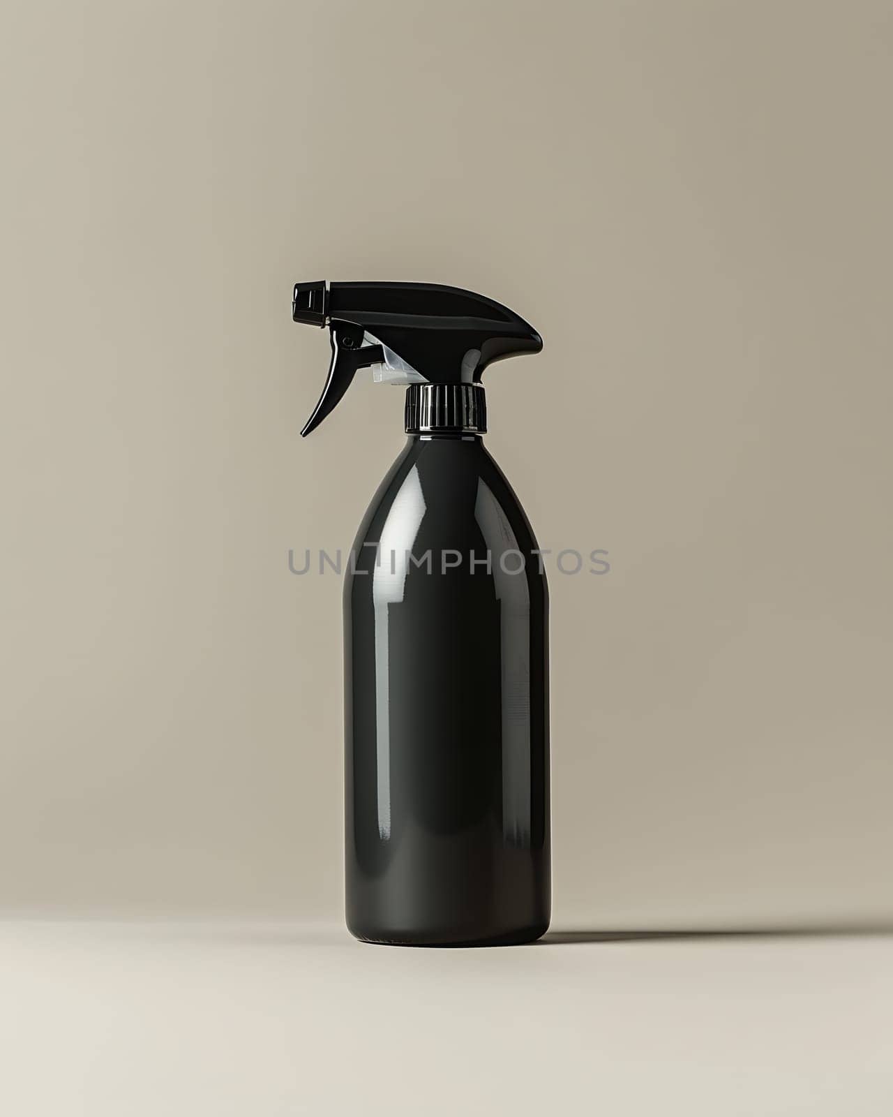 A black cylindrical spray bottle is placed on a beige rectangular surface, contrasting with the light background. The glass bottle contains liquid
