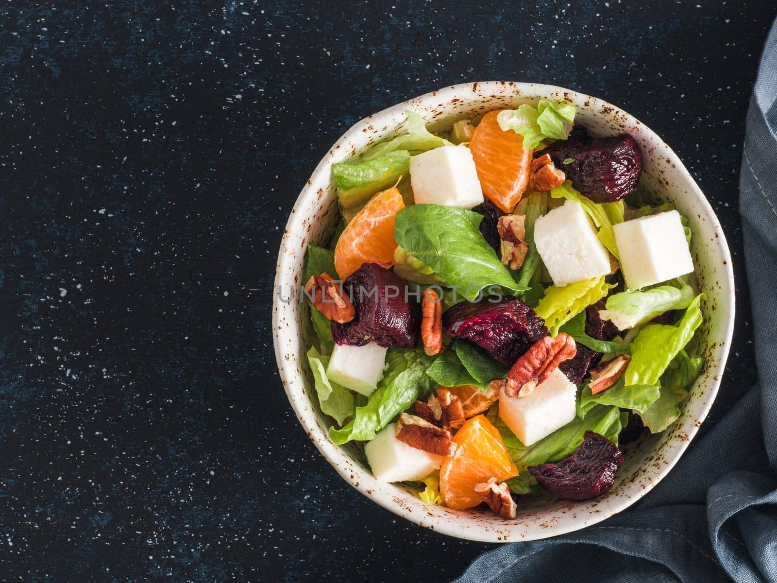 Beetroot, Feta Cheese and Orange Salad. Close up. Top view or flat-lay. Copy space for text.