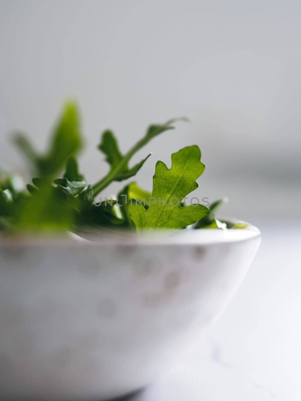Arugula in craft ceramic boul. Arugula salad close up. Shallow DOF. Copy space for text. Fresh green arugula leaves in bowl on table. Vertical.