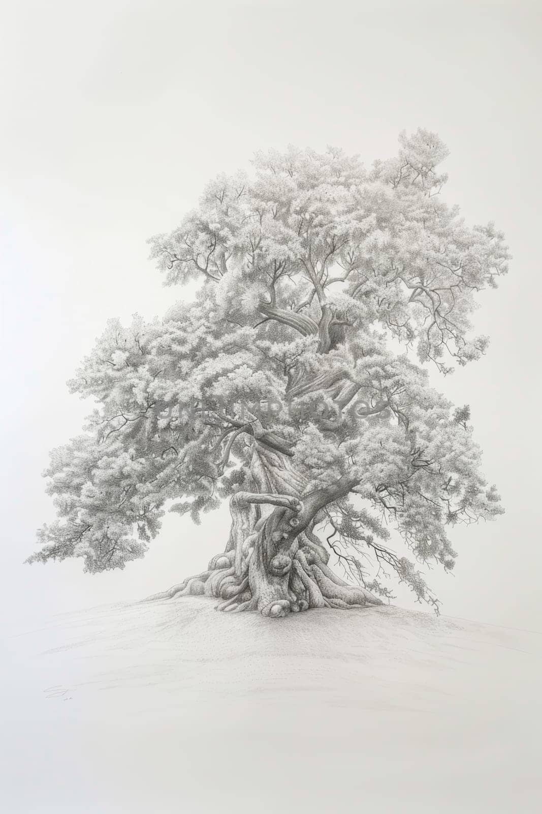 A stylized tree drawn in black pencil on a white background by Lobachad