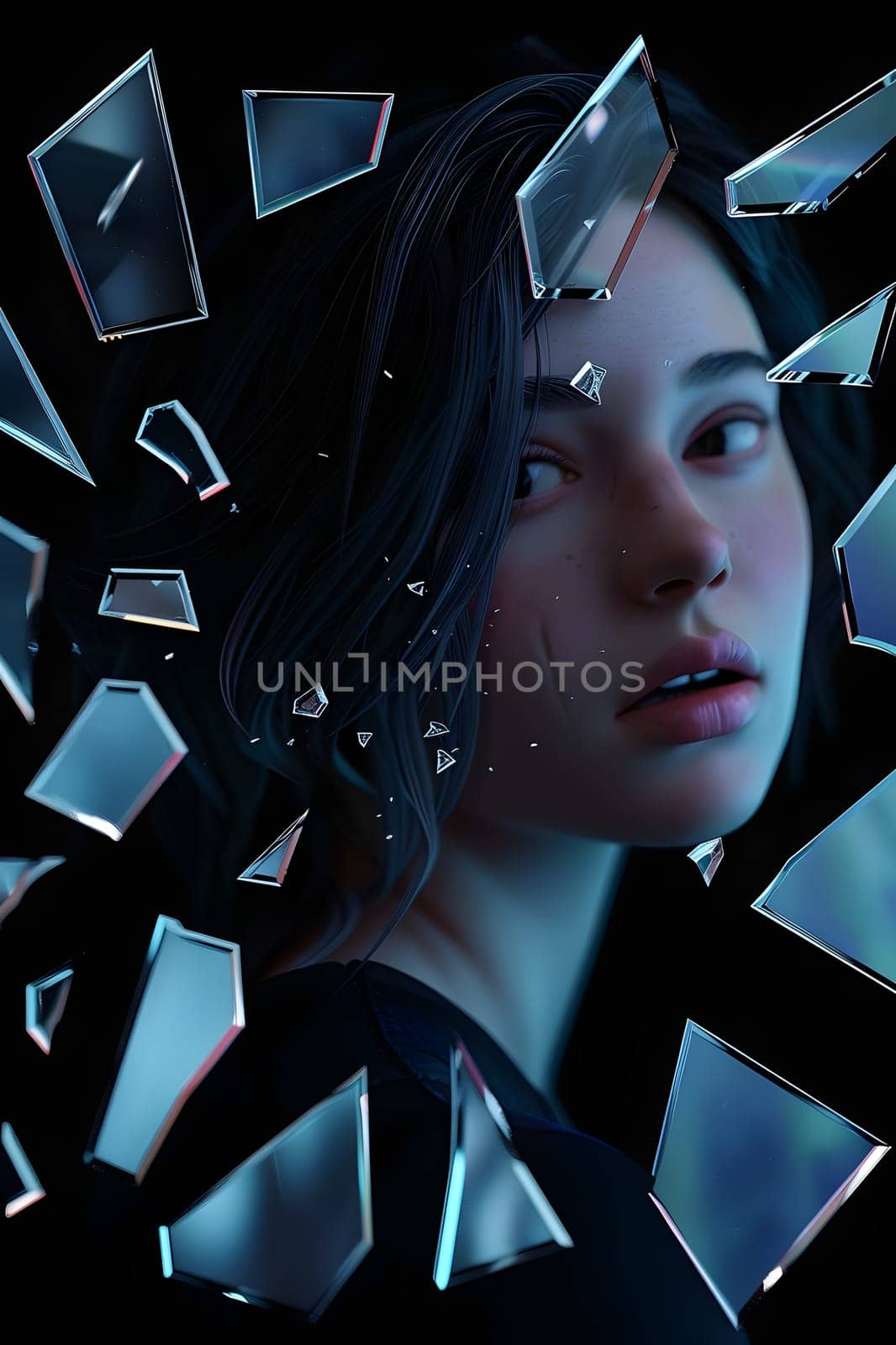 A woman with black hair is surrounded by pieces of broken glass in electric blue lighting, resembling a scene from a movie or fictional characters dark event