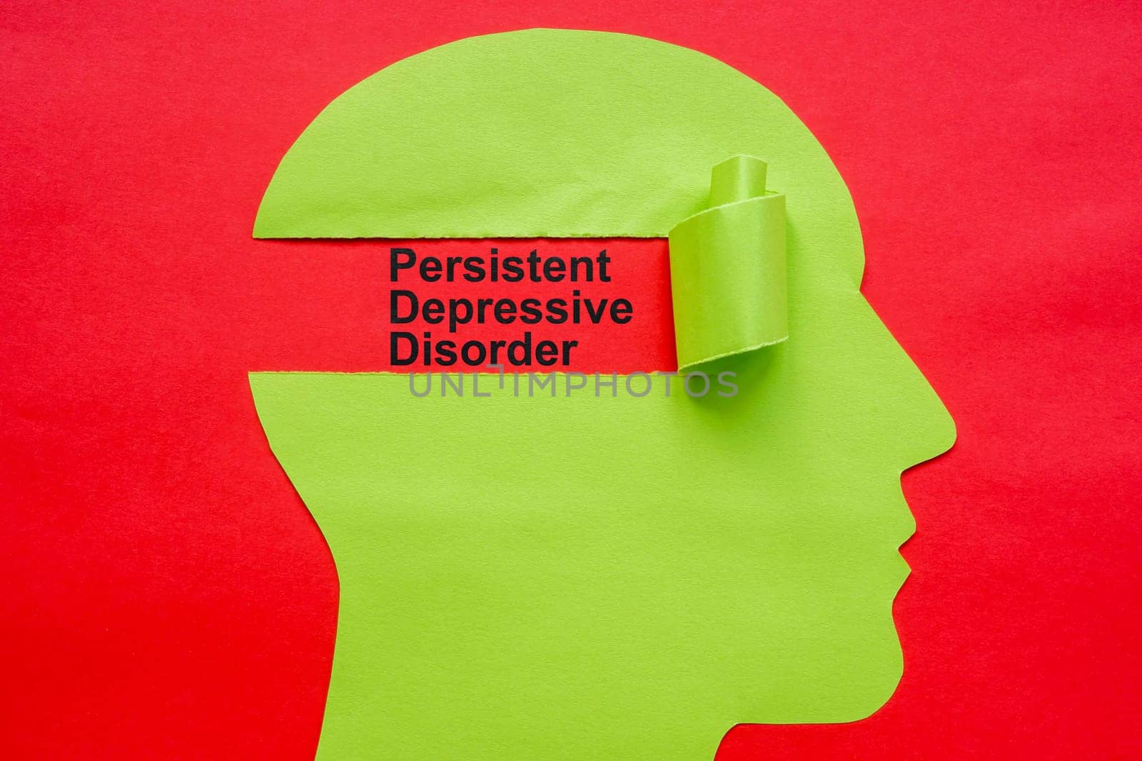 Paper head with a torn part and inscription Persistent depressive disorder PDD. by designer491