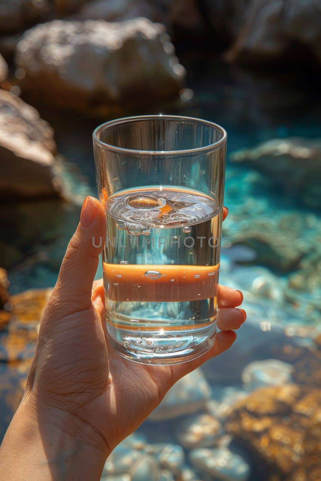 Transparent glass glass with drinking mountain water in hand on the background of a mountain river. The concept of drinking mineral water.