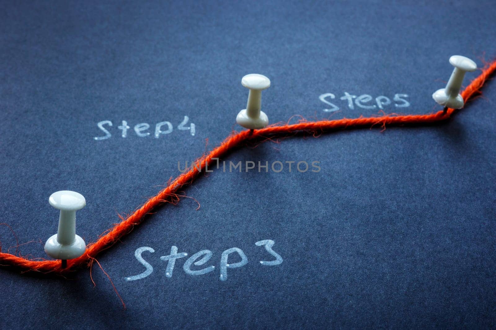 A stretched thread with pins indicating stages of a task or process. by designer491