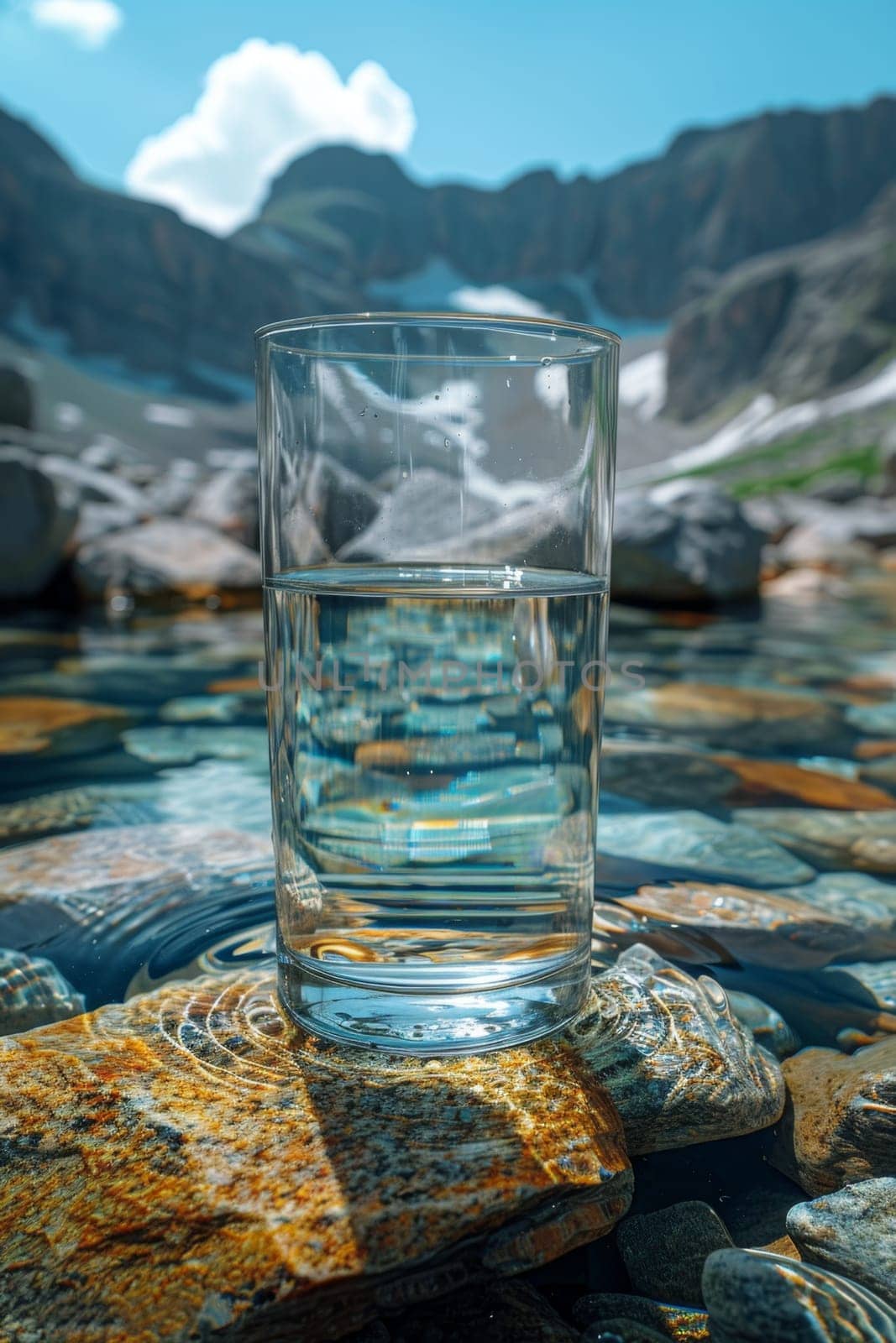 A transparent glass glass with drinking mountain water on the background of a mountain river . The concept of drinking mineral water by Lobachad