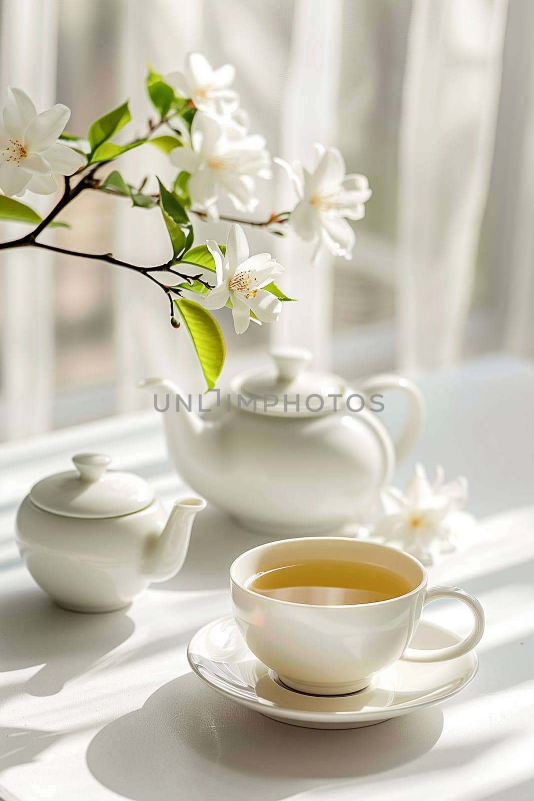 A cup of tea sitting next to a teapot on a table with a vibrant flower in the background.