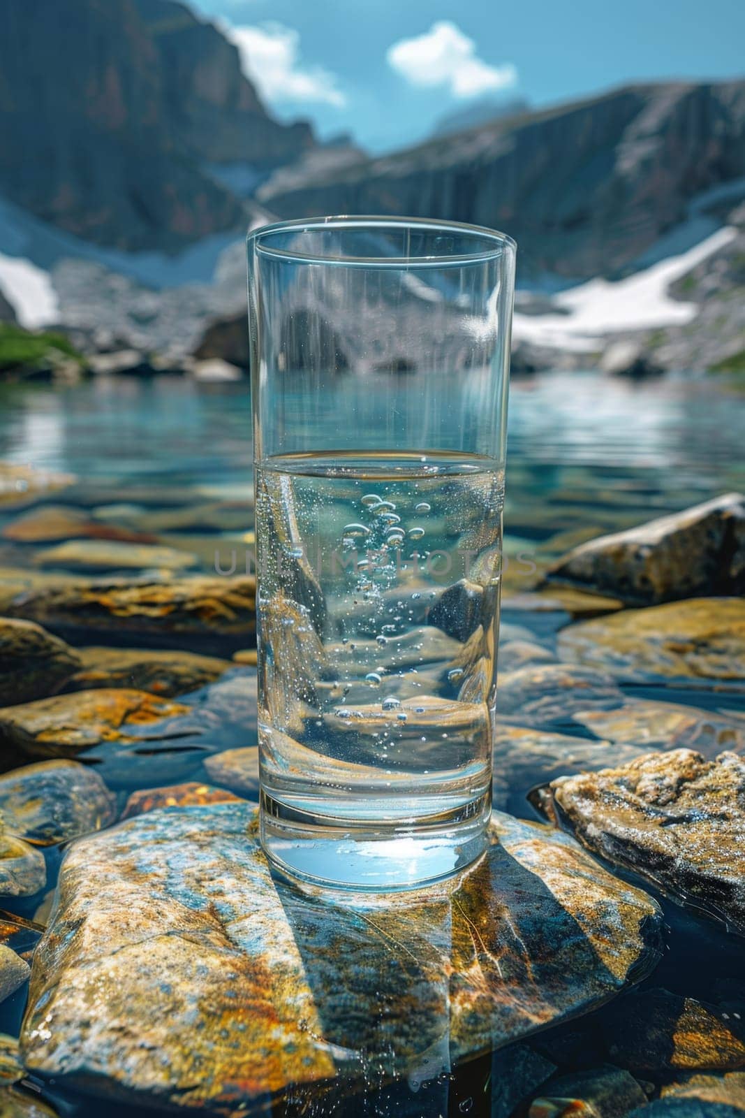 A transparent glass glass with drinking mountain water on the background of a mountain river . The concept of drinking mineral water.