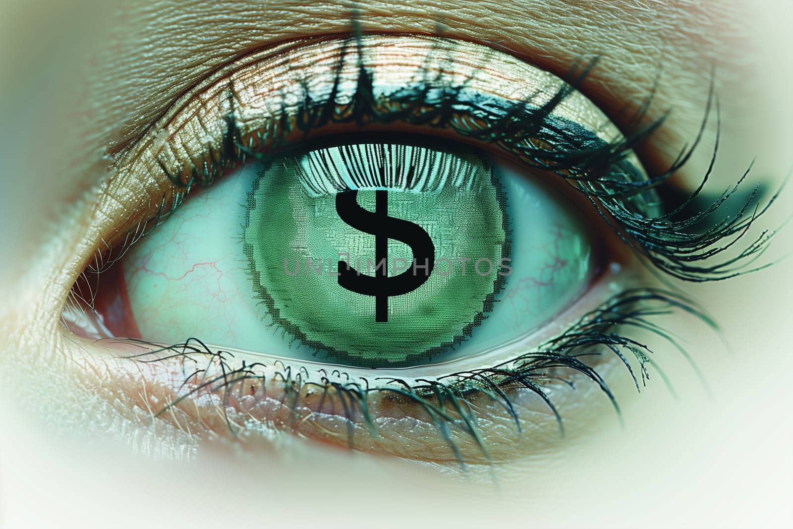 A dollar sign is mirrored in the eye, creating a striking visual of financial reflection.