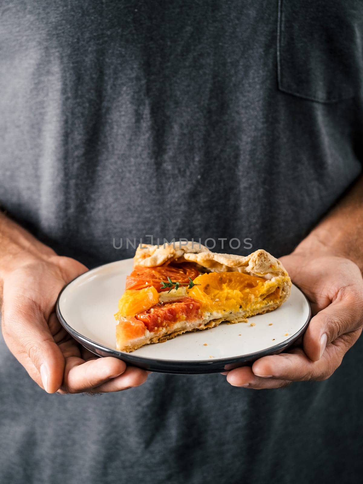 Hands takes plate with portion piece of pie. Savory fresh homemade tomato tart or galette. Healthy appetiezer - whole wheat or rye-wheat pie with tomatoes,cheese. Vertical. Copy space for text