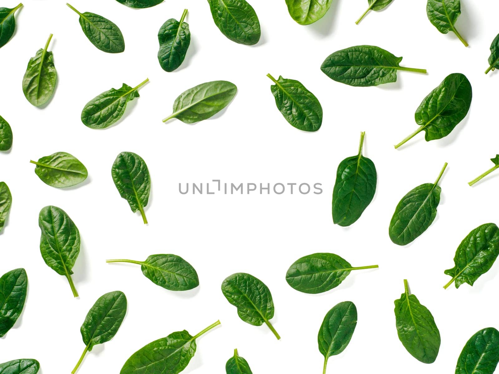 Pattern from baby spinach leaves with copy space in center. Fresh green baby spinach isolated on white with clipping path. Top view or flat lay. Can use for design vegan and keto diet