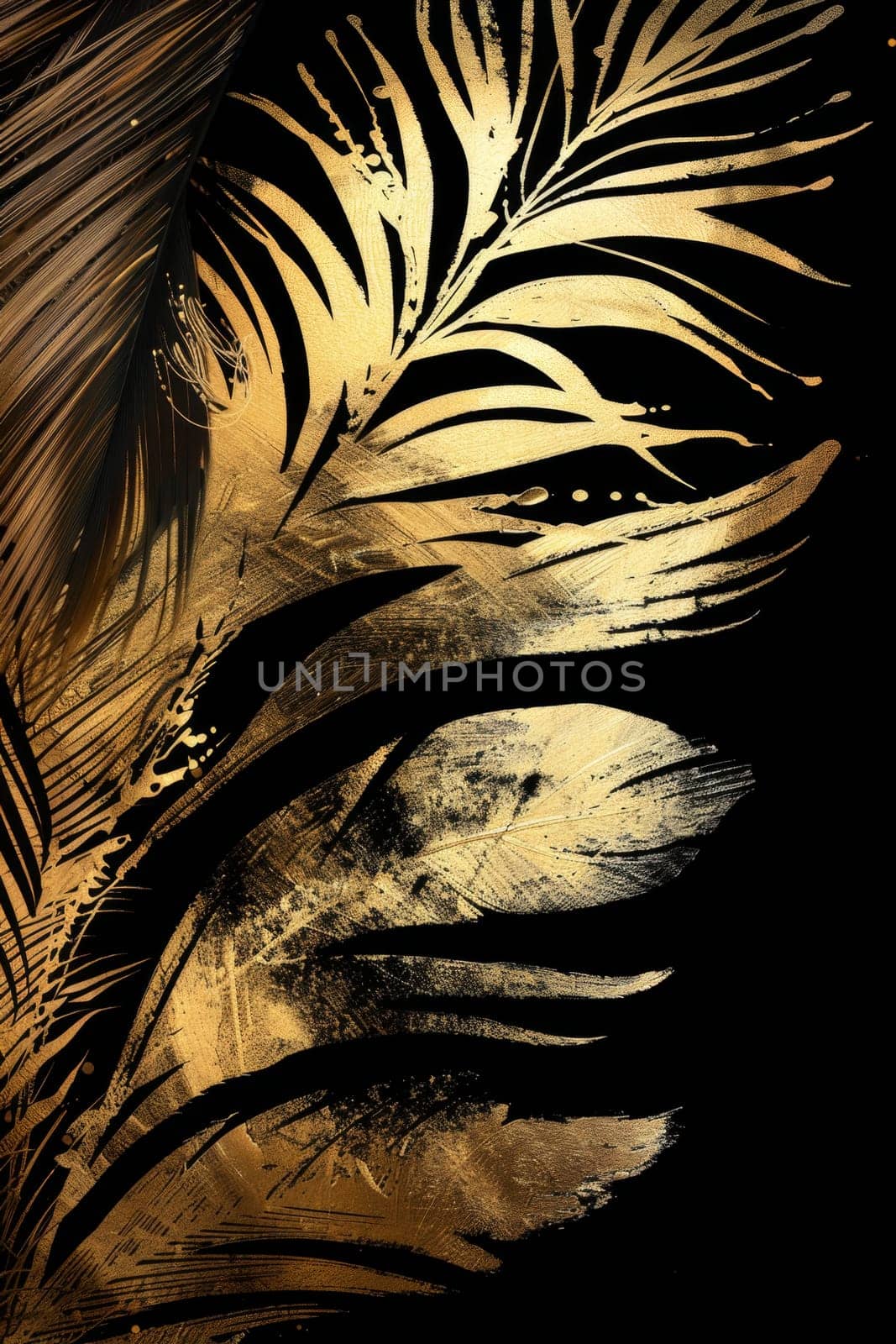 One golden feather highlighted on a black background. Illustration by Lobachad