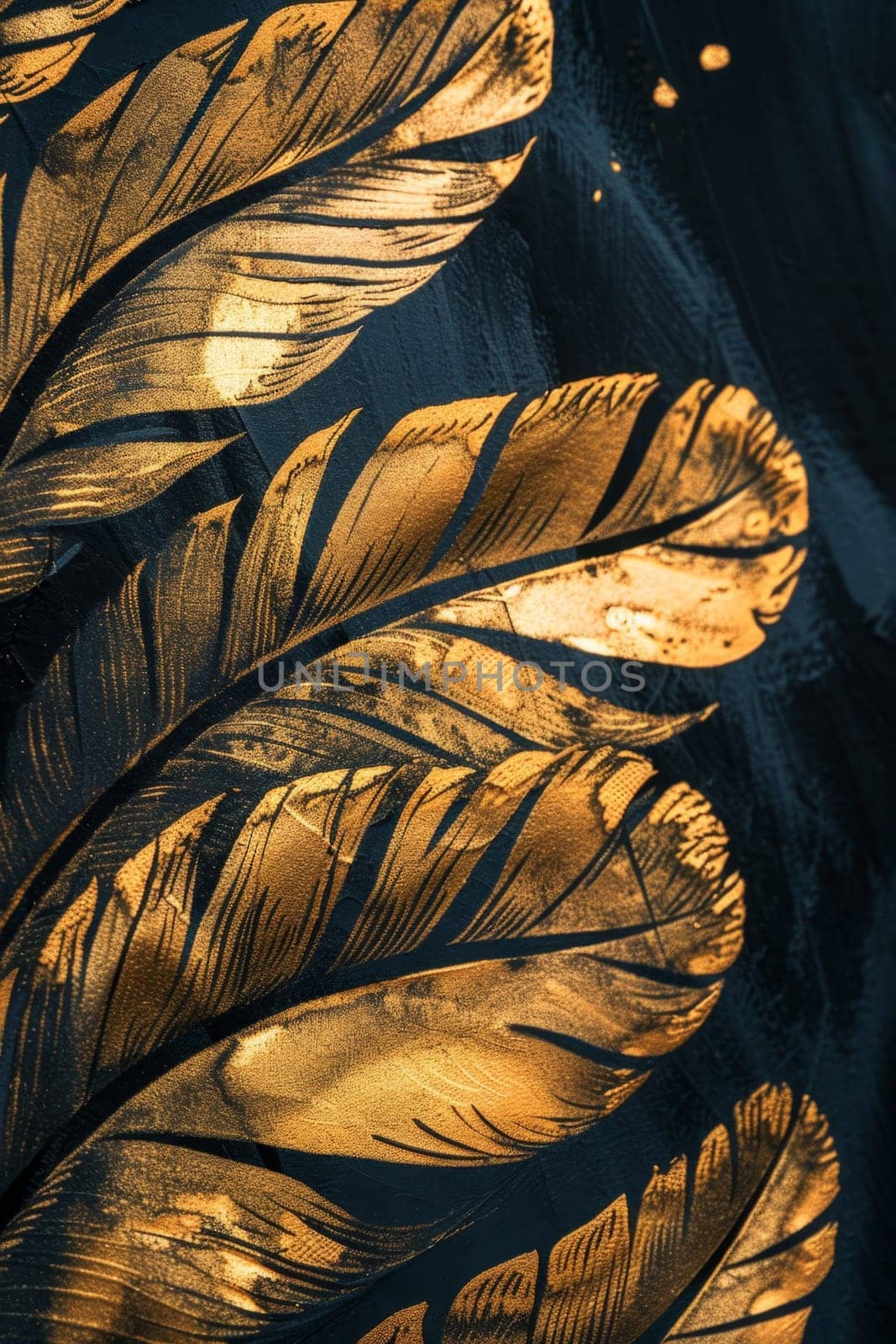 Golden feathers highlighted on a black background.