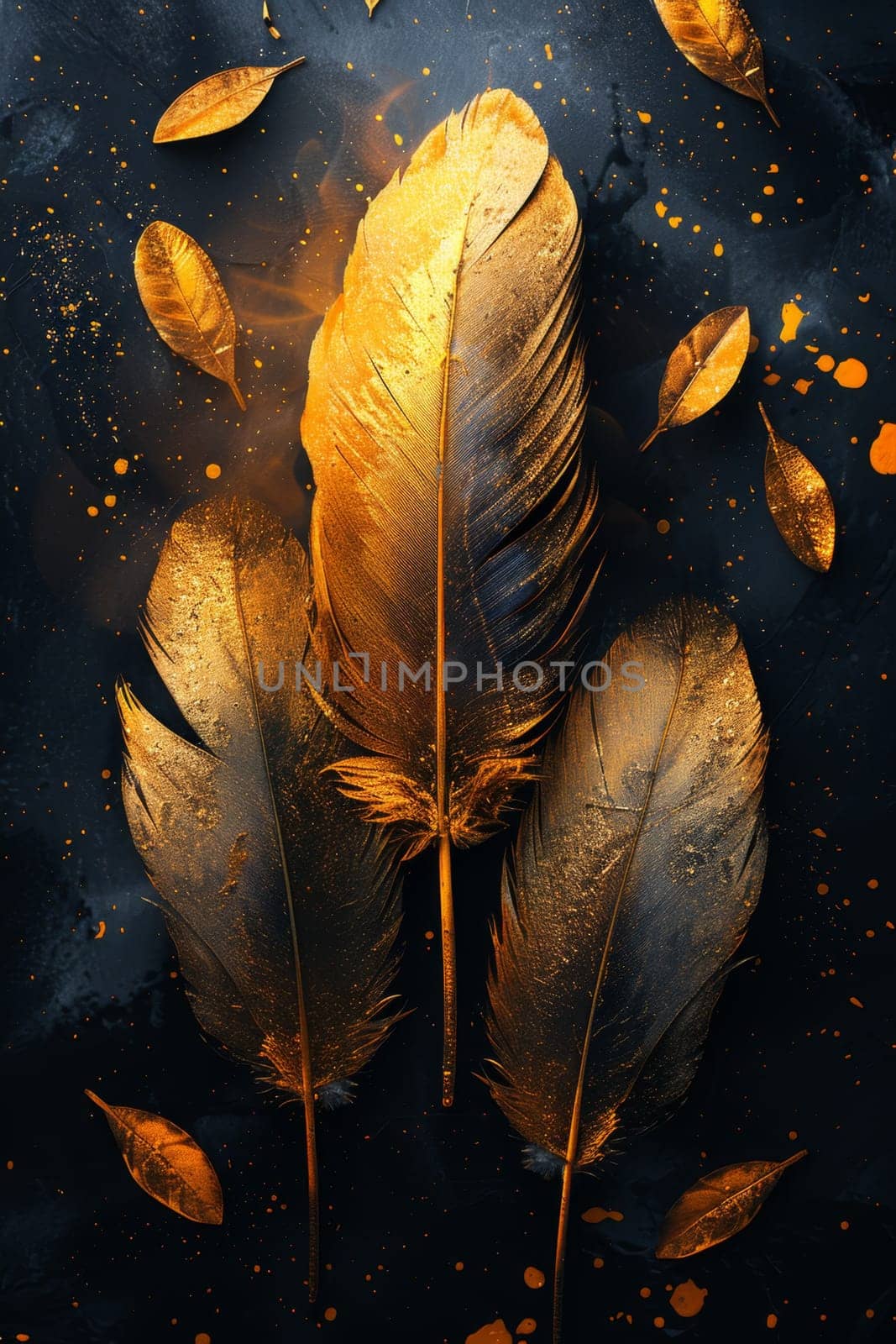 Golden feathers highlighted on a black background.