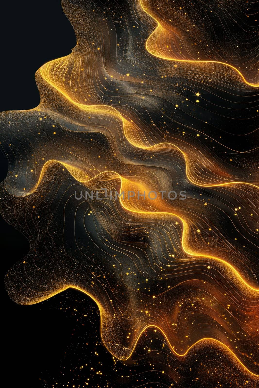 Abstract shiny gold wave design element with glitter effect on a black background by Lobachad