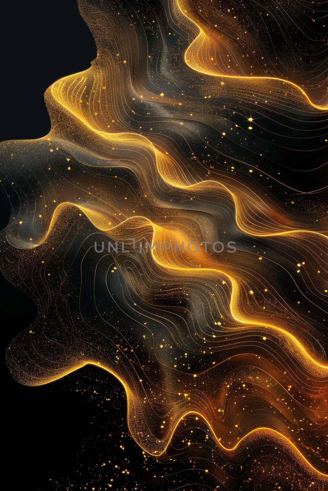 Abstract shiny gold wave design element with glitter effect on a black background.