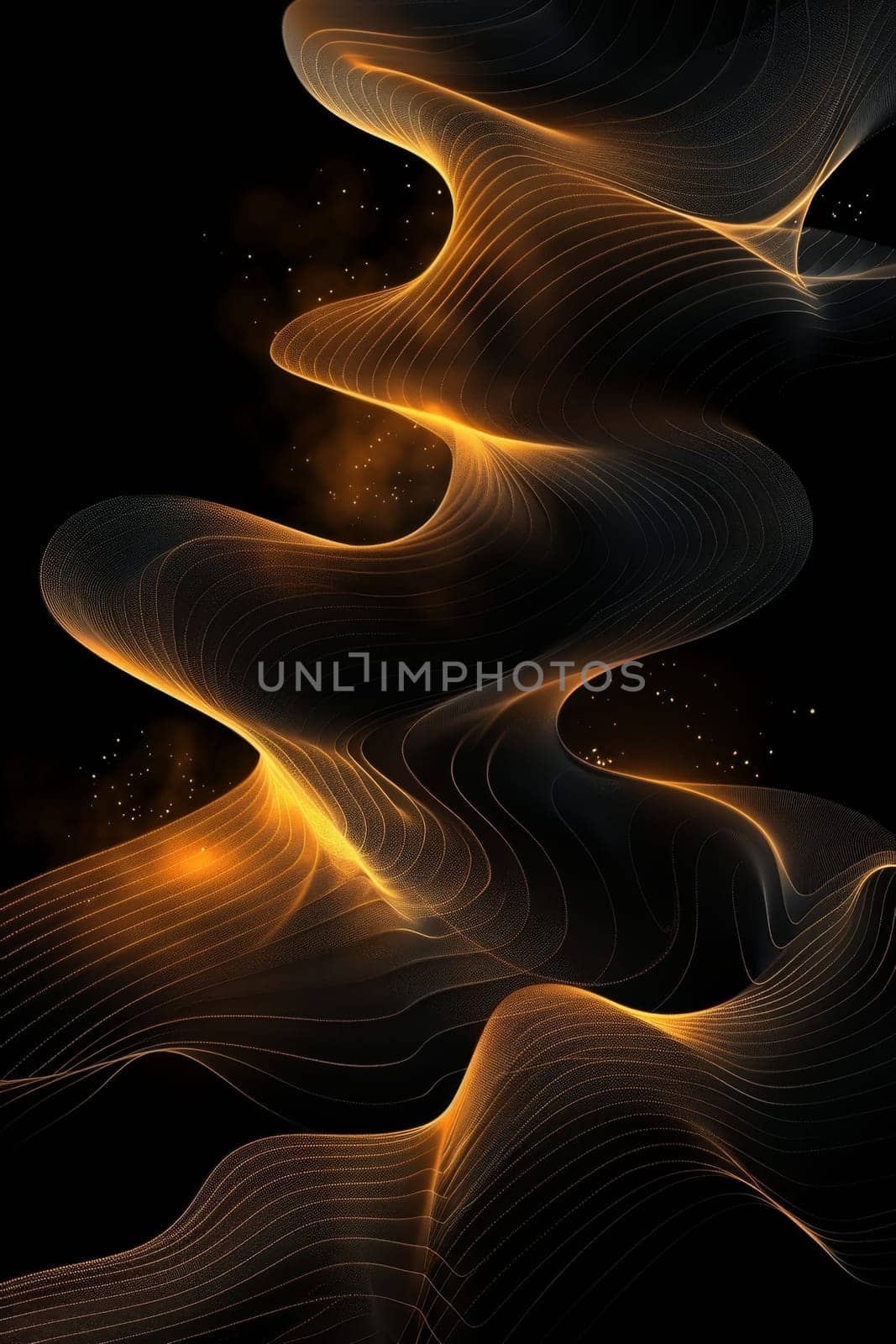 Abstract shiny gold wave design element with glitter effect on a black background.