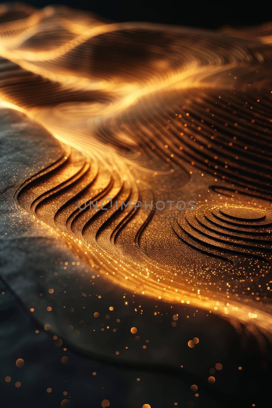 Abstract shiny gold wave design element with glitter effect on a black background.