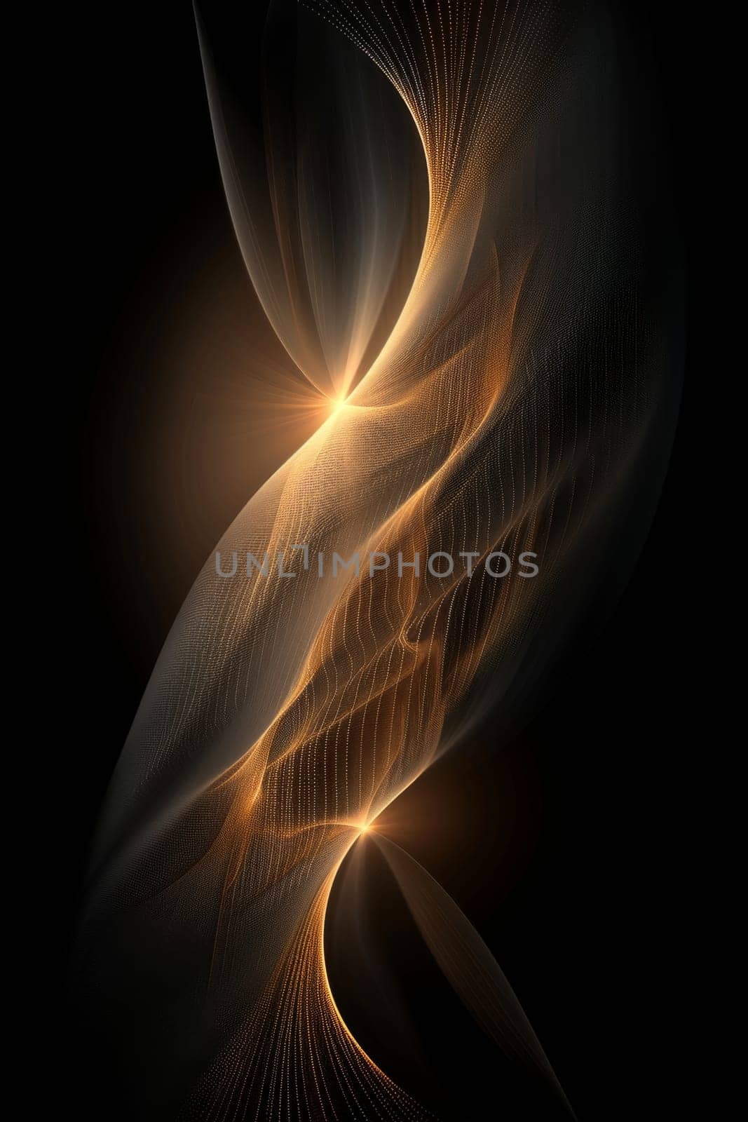 Abstract shiny gold wave design element with glitter effect on a black background.