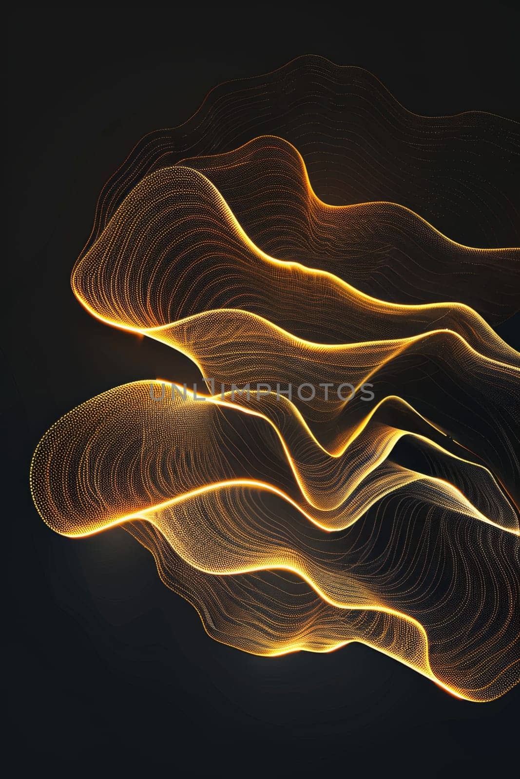 Abstract shiny gold wave design element with glitter effect on a black background.