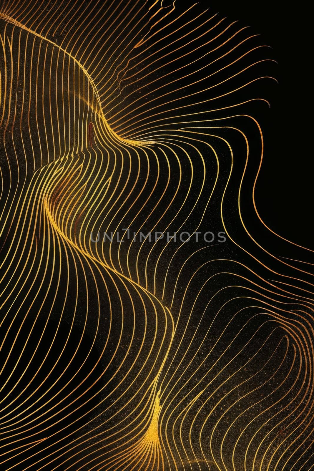 Abstract shiny gold wave design element with glitter effect on a black background by Lobachad