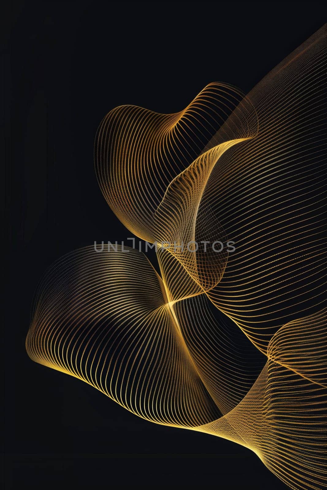 Abstract shiny gold wave design element with glitter effect on a black background.