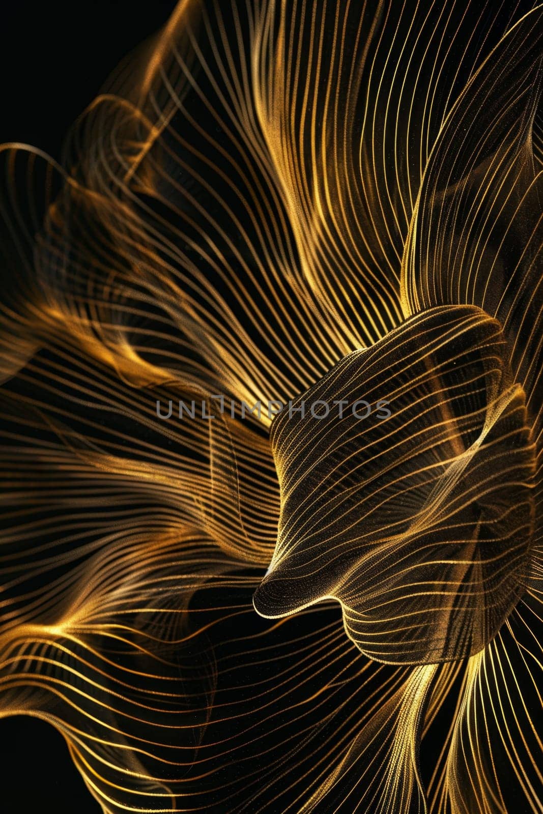 Abstract shiny gold wave design element with glitter effect on a black background.