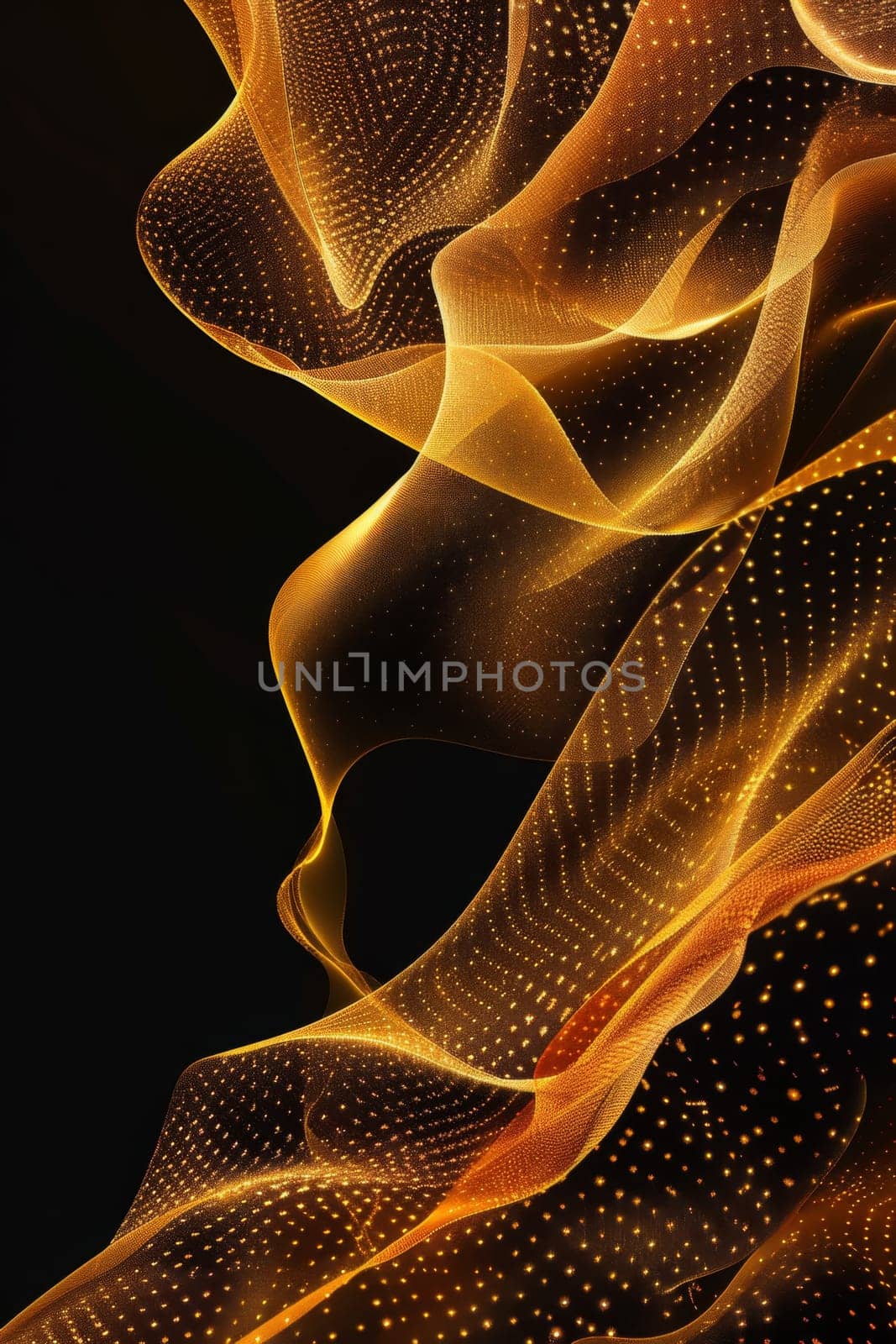 Abstract shiny gold wave design element with glitter effect on a black background by Lobachad