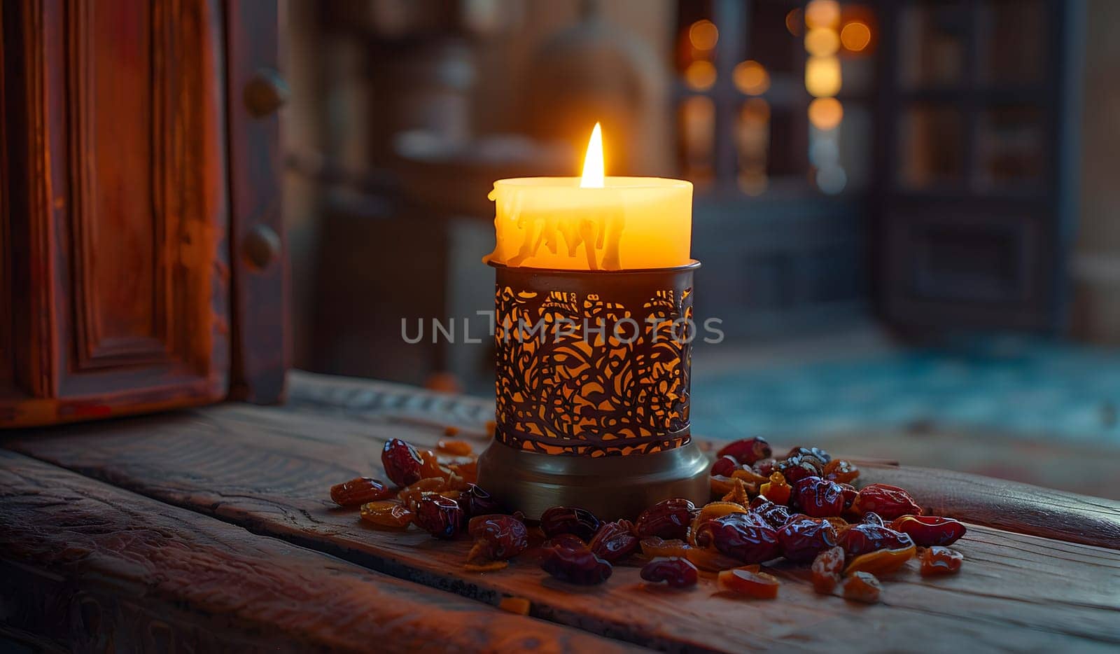 A candle in a glass cylinder sits on a wooden table next to a window. The flame flickers, emitting warmth and light, creating a cozy ambiance