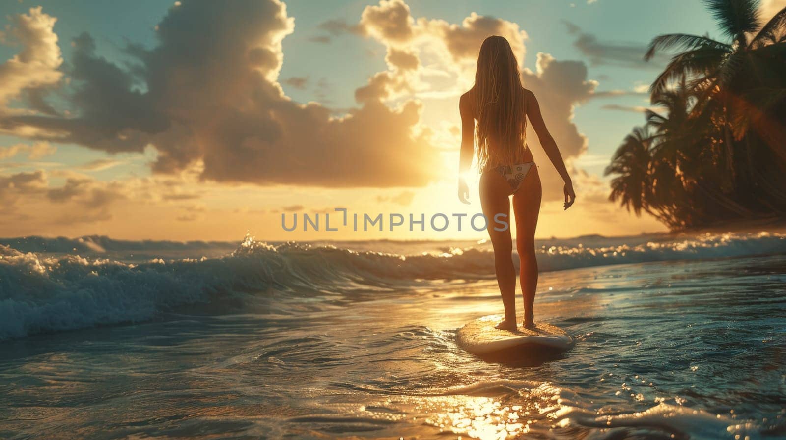 A young girl in a bikini is a surfer with a surfboard, floating on the waves by Lobachad