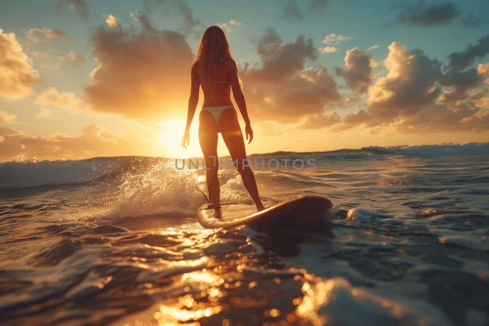 A young girl in a bikini is a surfer with a surfboard, floating on the waves.