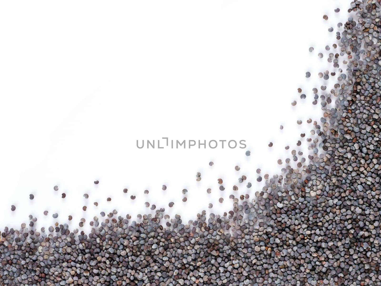 poppy seeds background with copy space. Isolated one edge. Top view or flat lay.