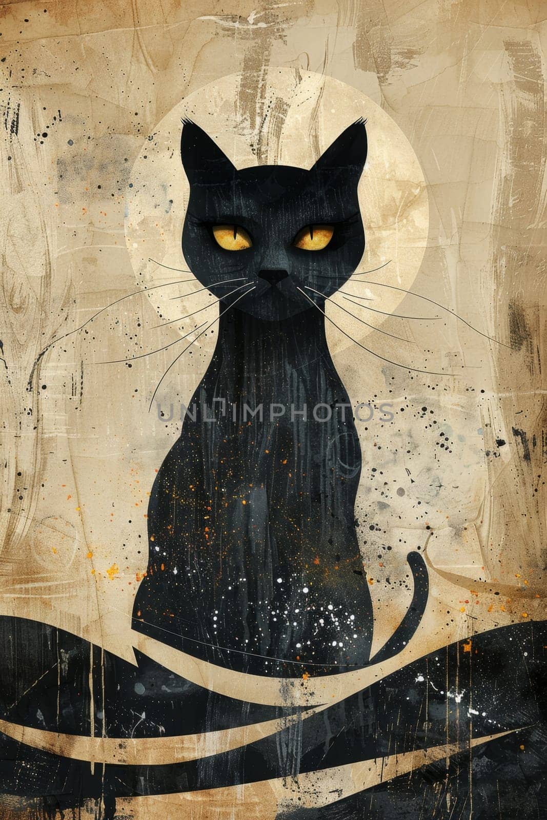 A black cat highlighted on a beige background. Illustration by Lobachad