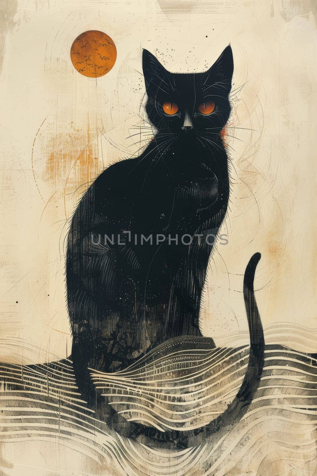 A black cat highlighted on a beige background. Illustration by Lobachad