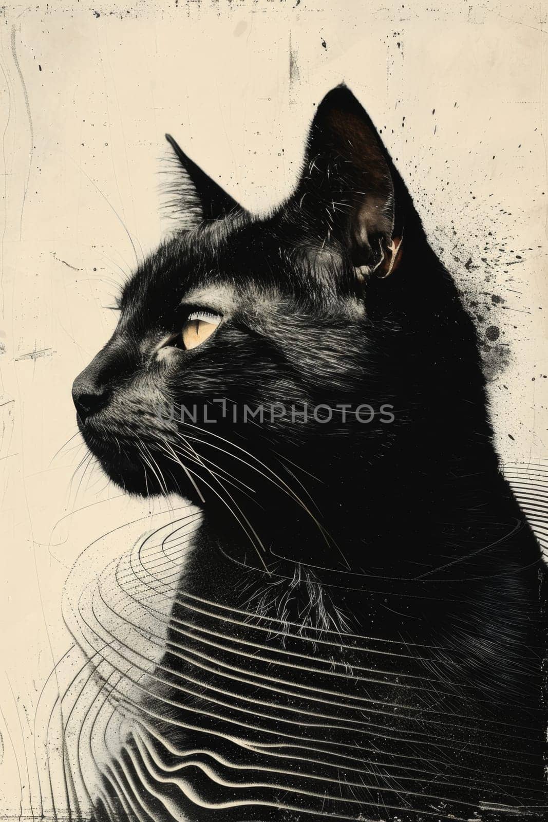 A black cat highlighted on a beige background. Illustration by Lobachad