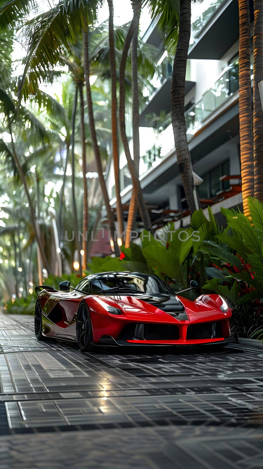 A vibrant red car with sleek automotive design and shiny tires is parked in front of a building, illuminated by automotive lighting, on a smooth asphalt surface lined with palm trees