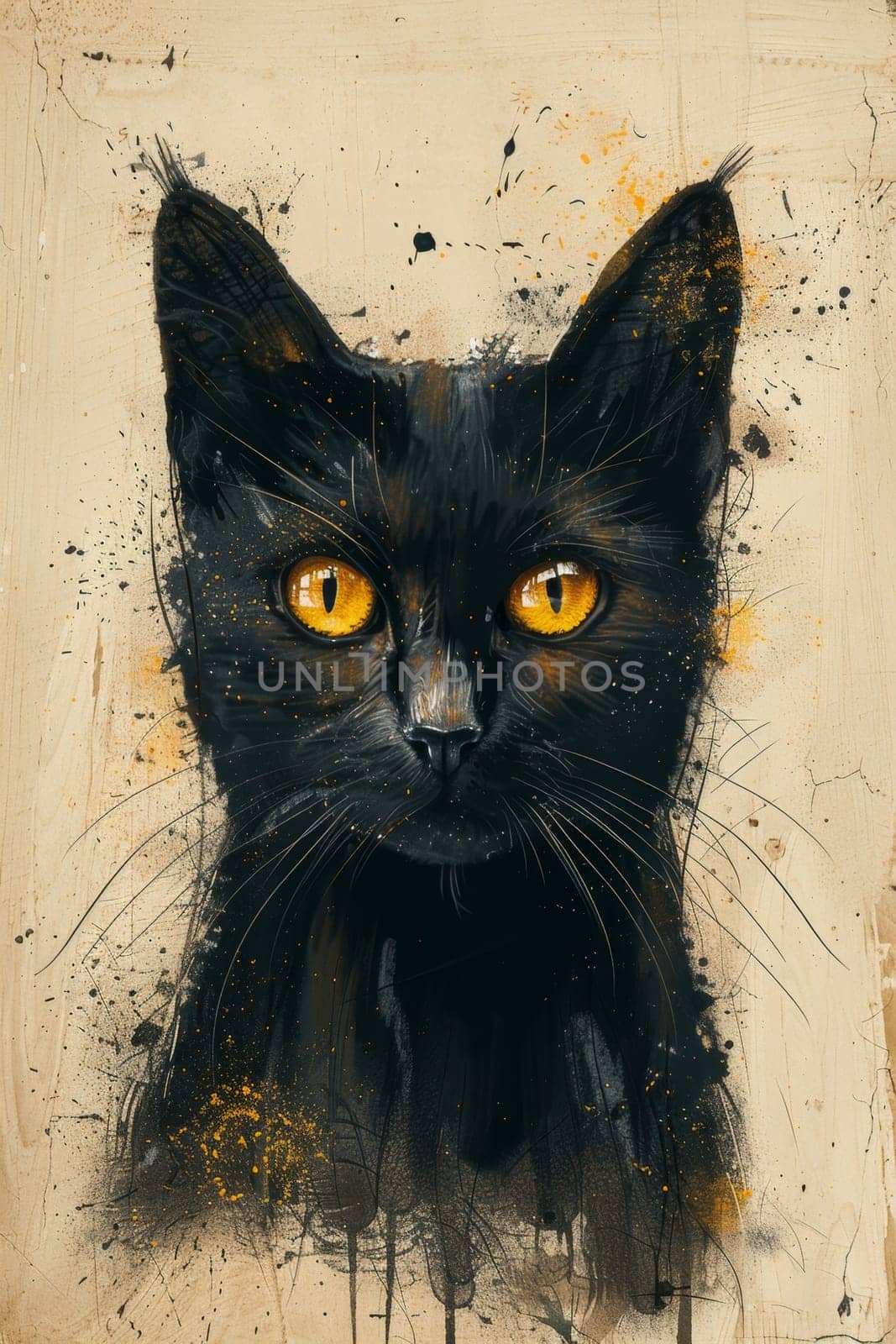 A black cat highlighted on a beige background. Illustration by Lobachad