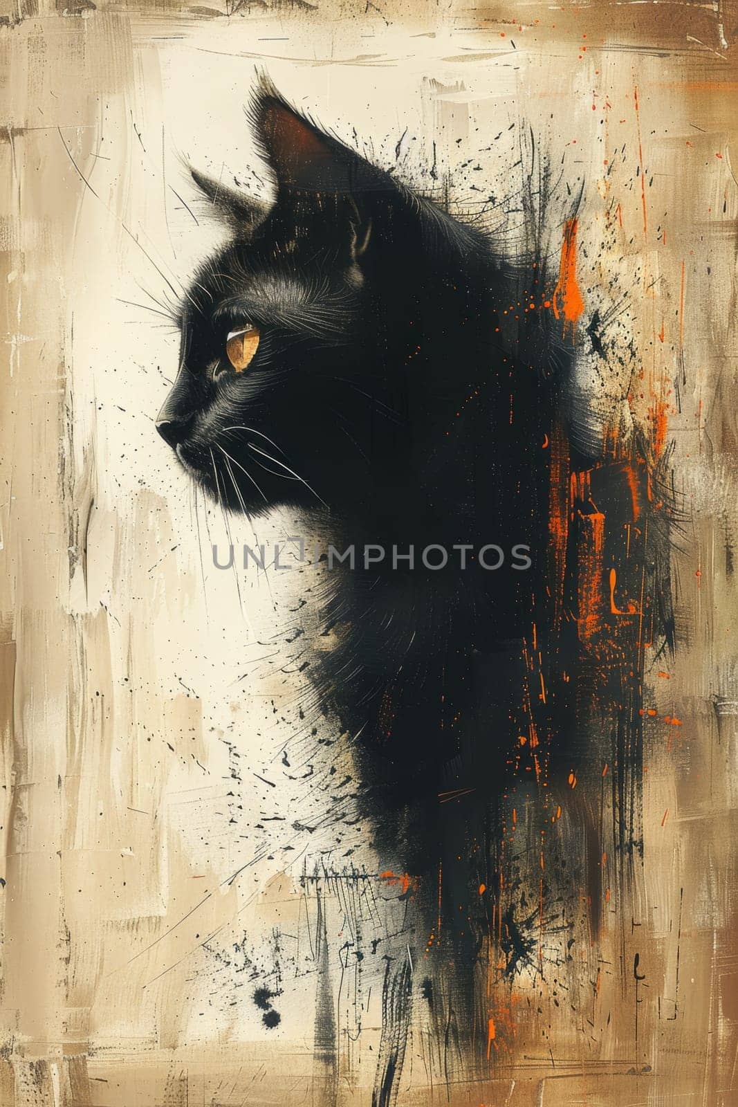 A black cat highlighted on a beige background. Illustration by Lobachad