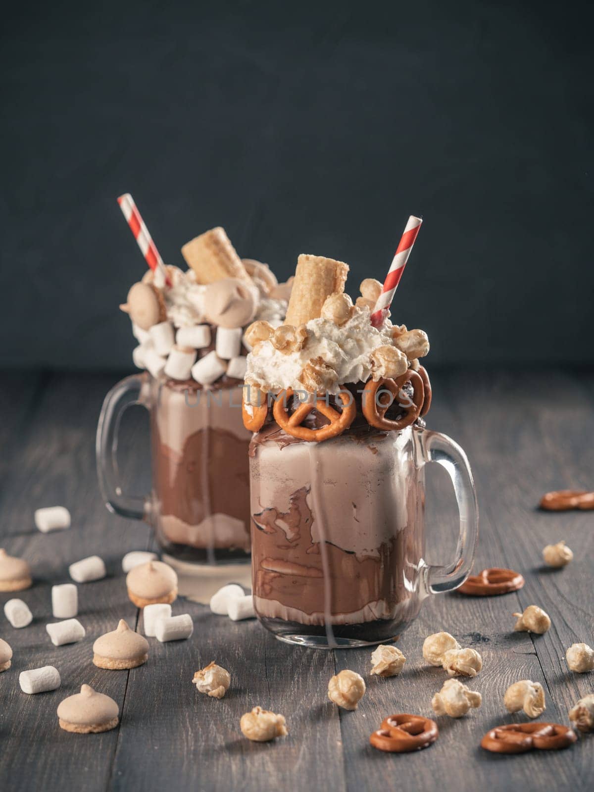 Close up view of two freakshake in mason jar on brown table. Freaked milkshake with chocolate, pretzel, marshmallow, popcorn and waffles. Trendy food concept. Vertical. Copy space.
