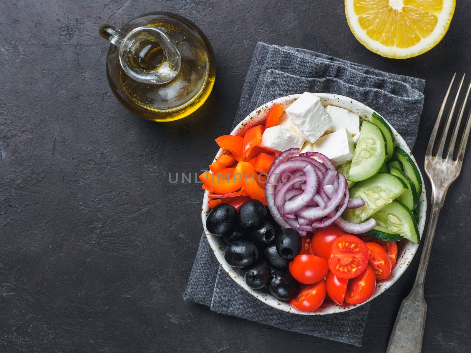 Greek Salad Bowl, copy space, top view by fascinadora