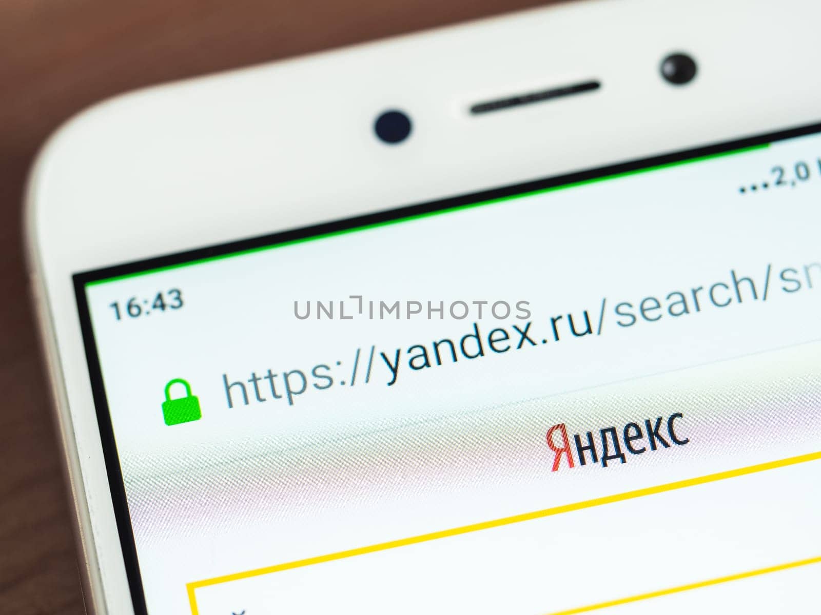 Moscow, Russia - June 03, 2019: Yandex logo on smartphone screen. Logo of Yandex company on main page of yandex.ru site. Selective focus.