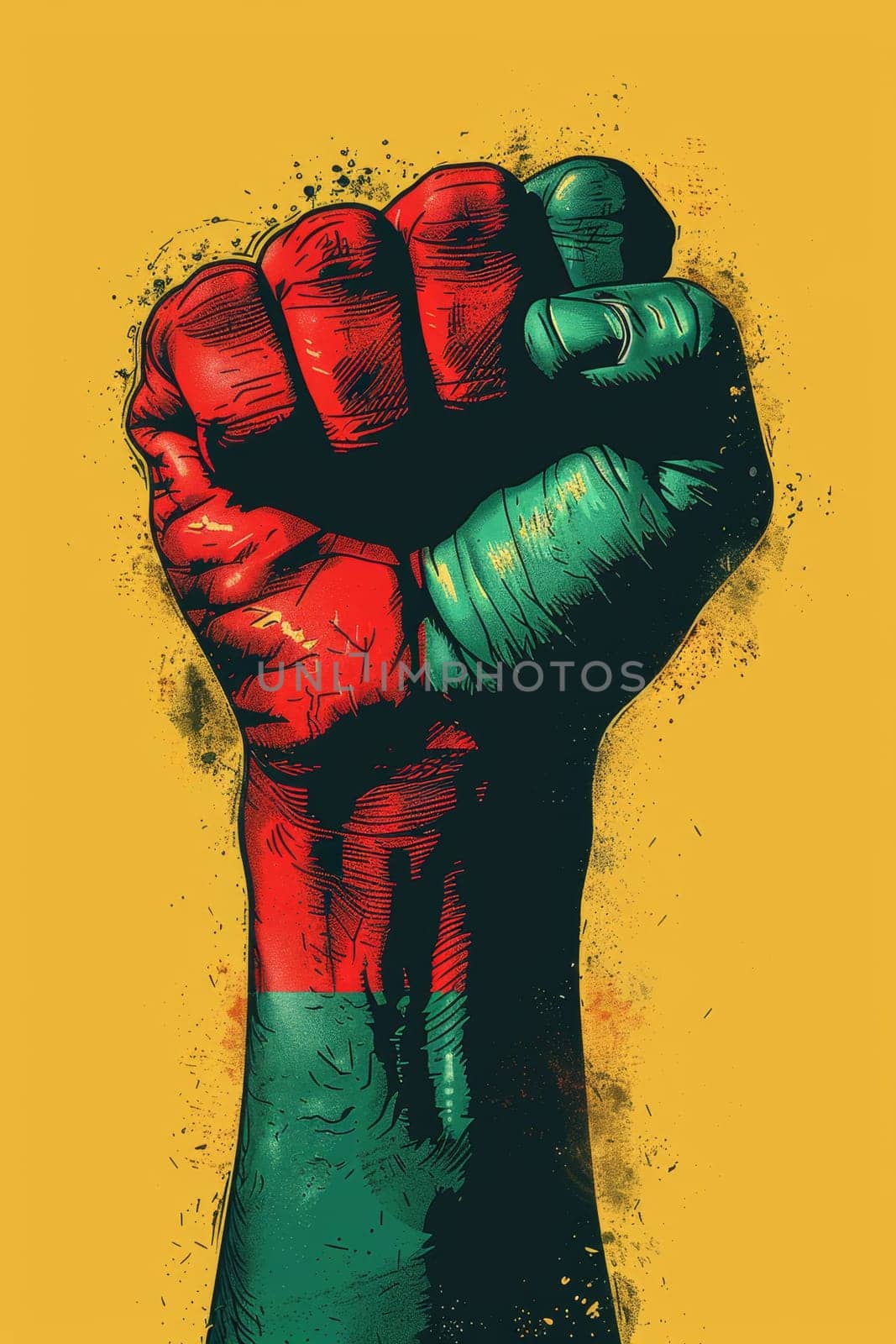 A fist symbolizing the abolition of slavery on a yellow isolated background. Illustration by Lobachad