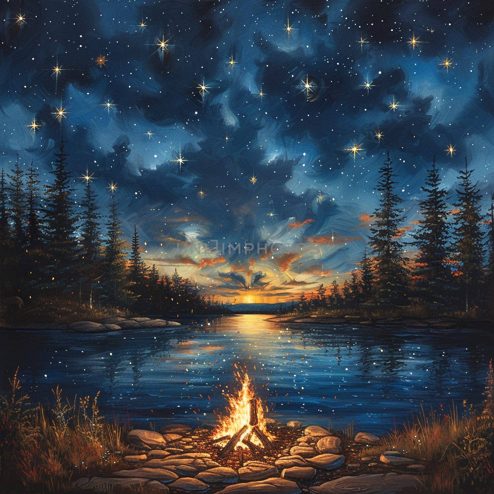 Crackling Campfire Embers Under a Canopy of Stars The fire blurs with the night by Benzoix