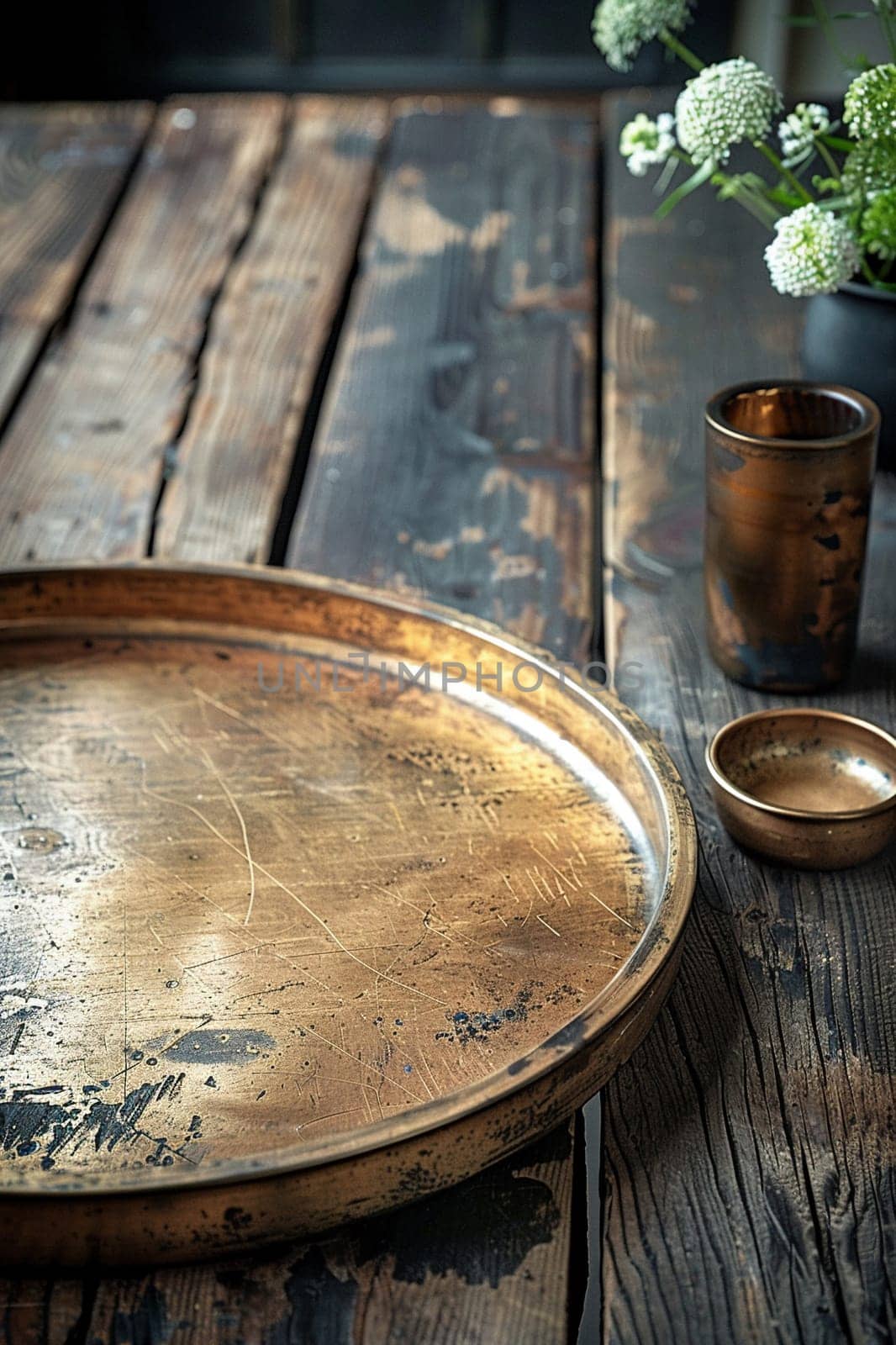 Vintage Brass Pedestal on an Antique Wood Table, The warm metal tones blend with the rich history of the wooden backdrop, ideal for heritage brands.