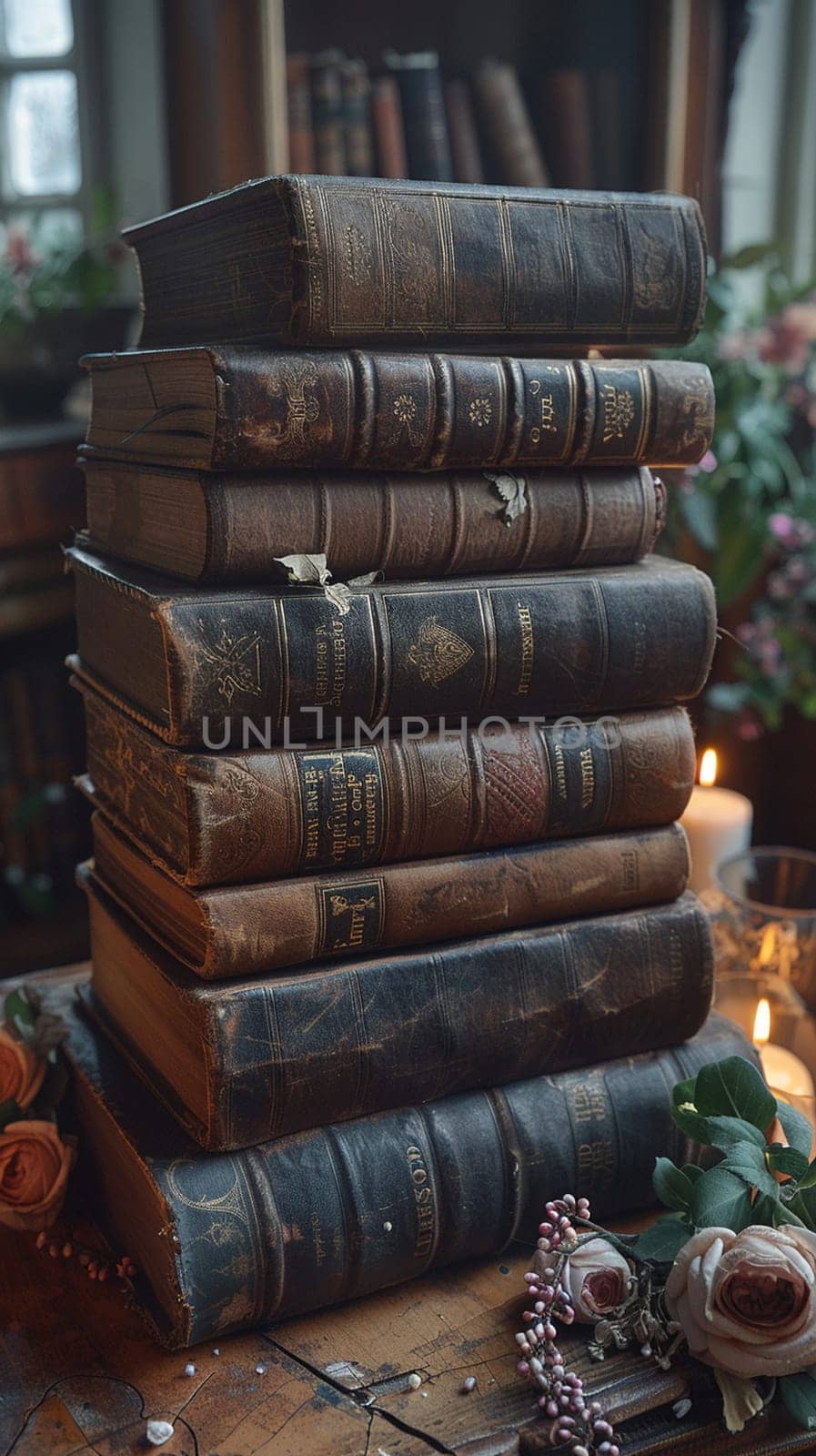 Leather-Bound Books and Soft Candlelight, Historical novels layered and binding-blurred, evoking the romanticism of past narratives.